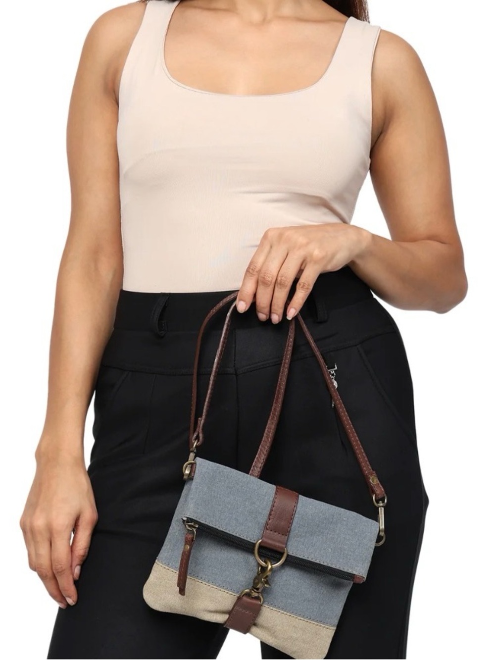 Mona B Blue and Beige Canvas Crossbody with Brown Leather Trim